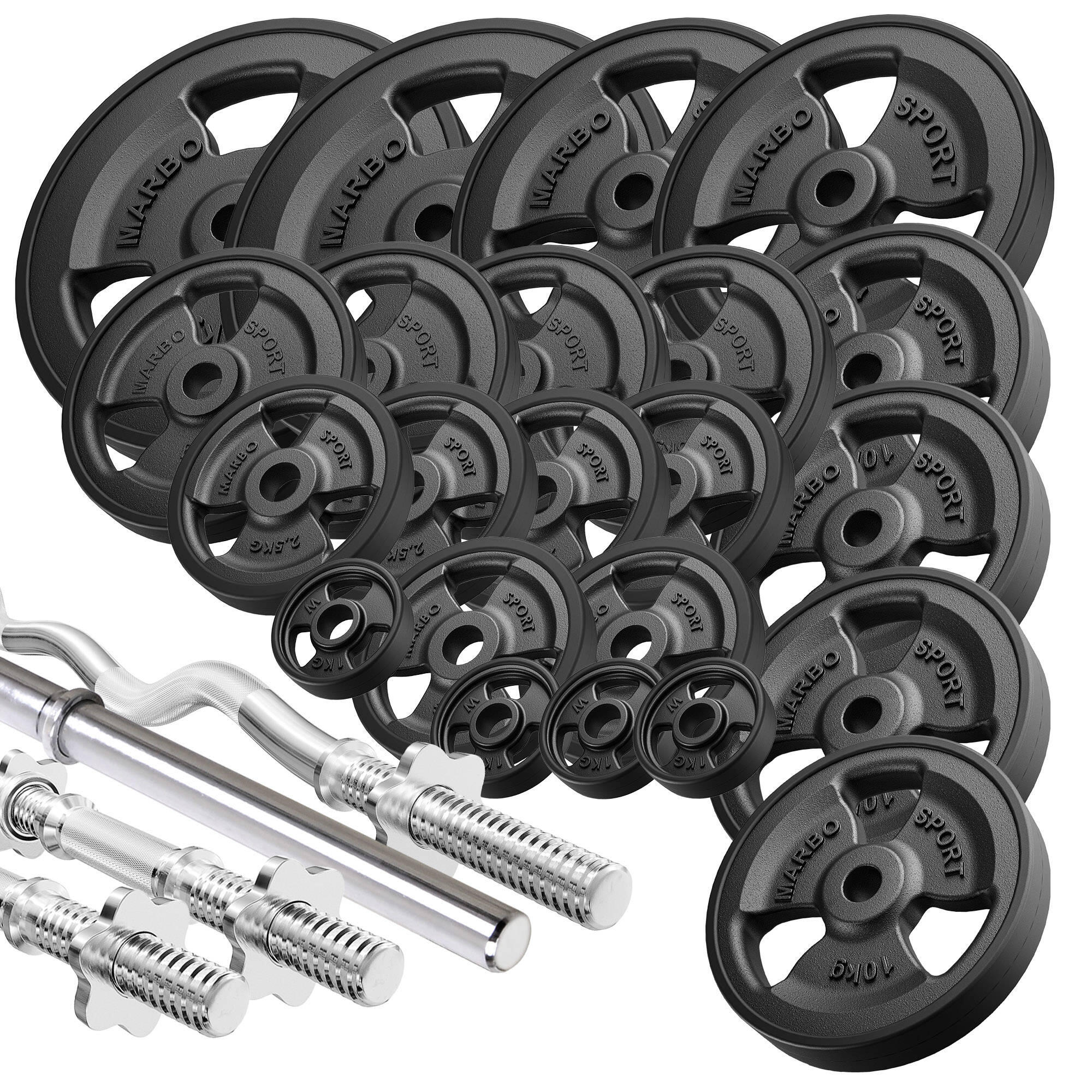 Marbo Sport - Kit De Barres D'Haltères Et De Disques Caoutchoutés Pour La Musculation De 172kg - Kit Haltères - Noir - Decathlon