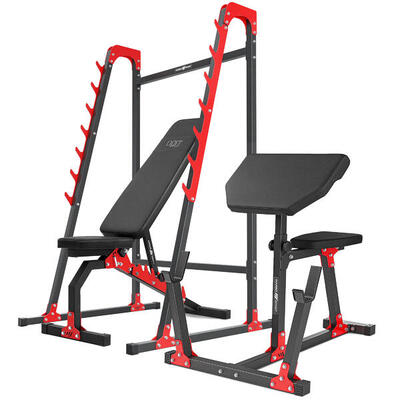 Set per allenamento muscolare con panca regolabile e supporti per bilanciere