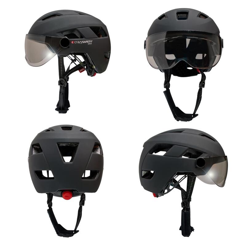 E-bike Helm für Erwachsene| Schwarz mit Visier|Crazy Safety |EN1078 zertifiziert