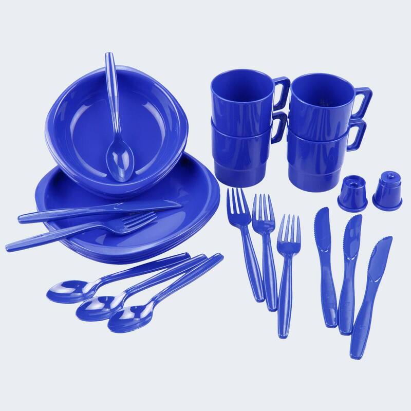 Set vaisselle + couverts de camping | 4 personnes | Bleu royal