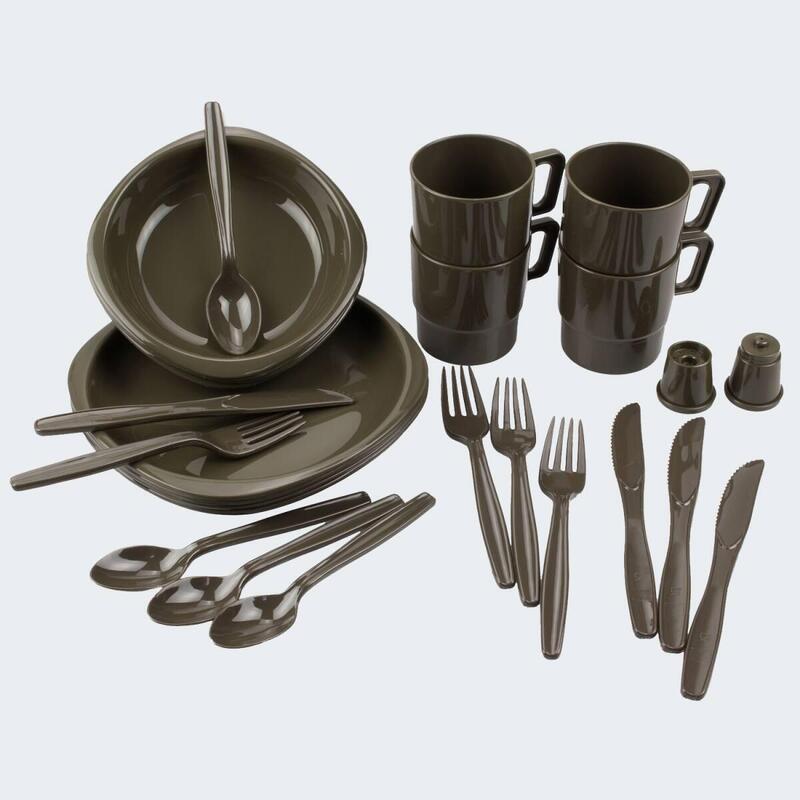 Camping Servies + Bestek | Outdoor Servies Set | 4 Personen | Olijf