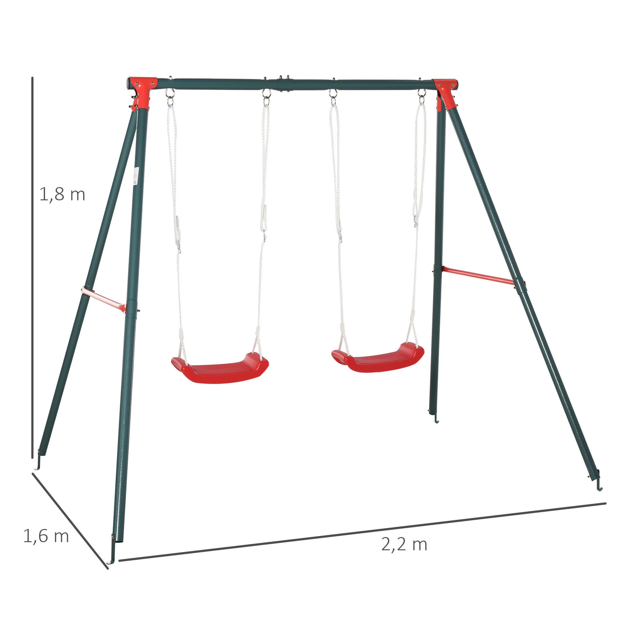 Baloiço Criança Duplo 220x160x180cm Verde e Vermelho Outsunny 3/6
