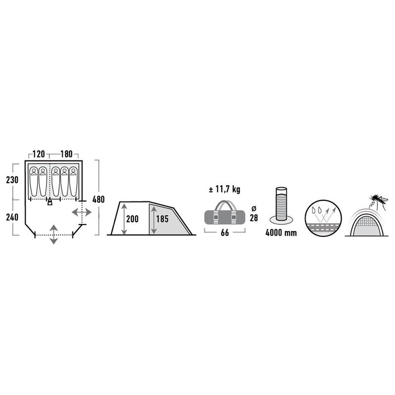 Tunneltent Paros 5 persoons camping familietent 2 cabines vestibule