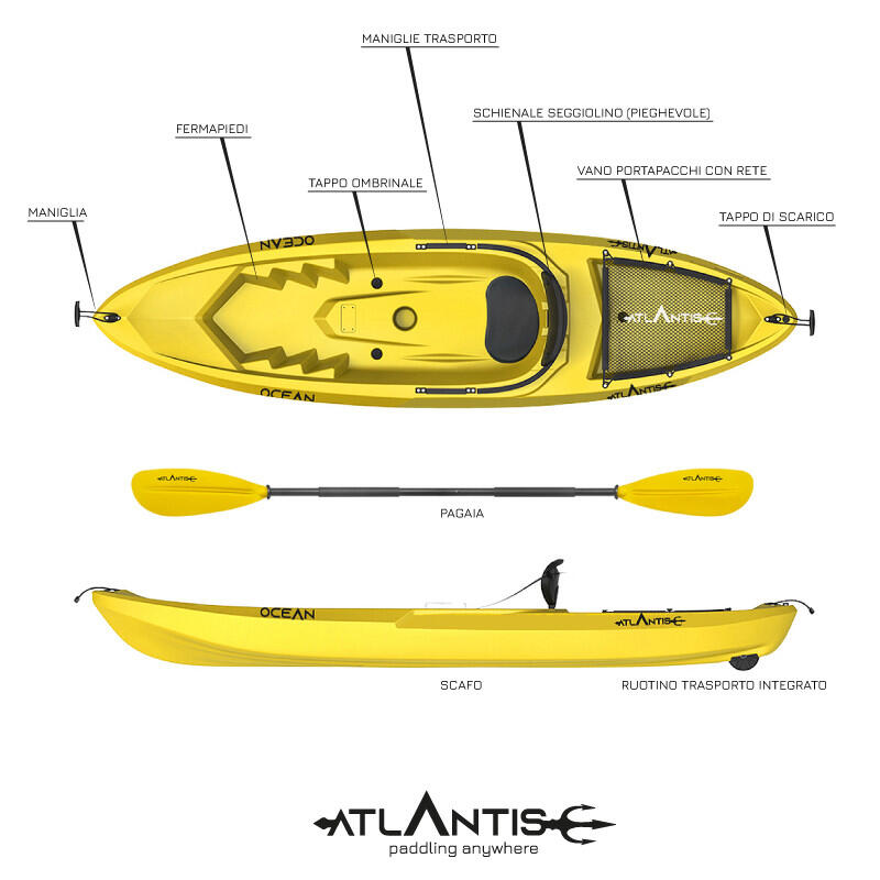 Kayak - canoa Atlantis OCEAN gialla - cm 266 - schienalino - ruotino - pagaia