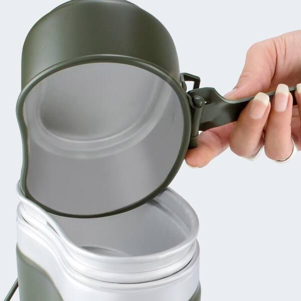 Thermal carabiner mug, cookware and camping cutlery set