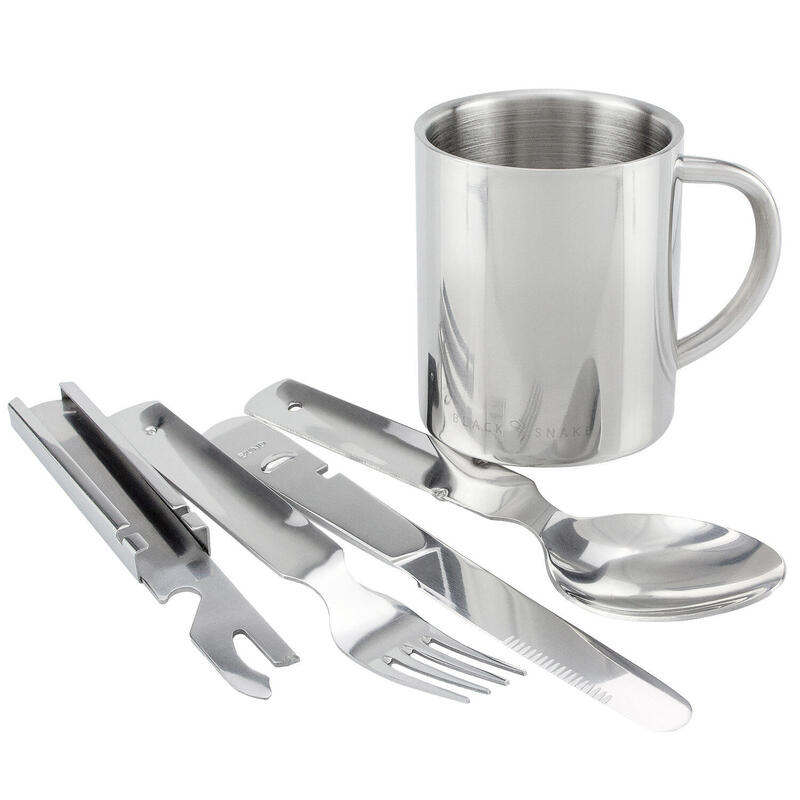 Cubiertos y taza térmica de camping set | Acero inoxidable | 1 persona