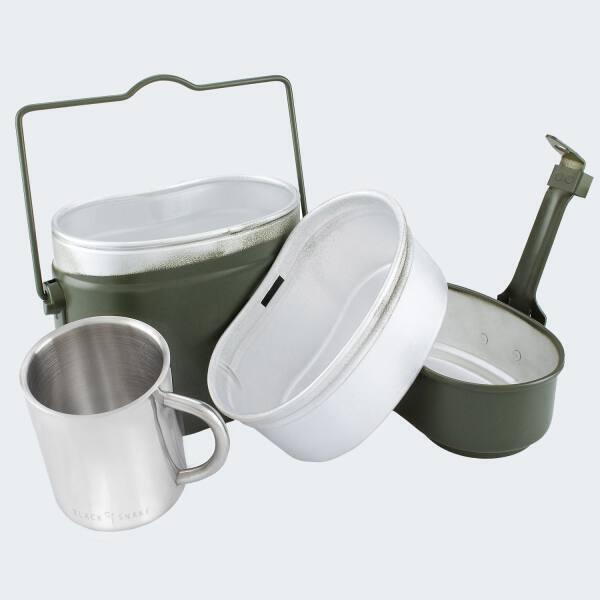 Conjunto de utensílios de cozinha, talheres e copo térmico para campismo