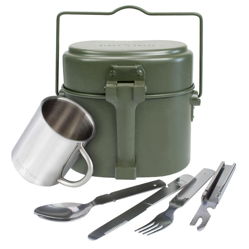 Batería de cocina, cubiertos y taza térmica de camping | Aluminio y acero inox
