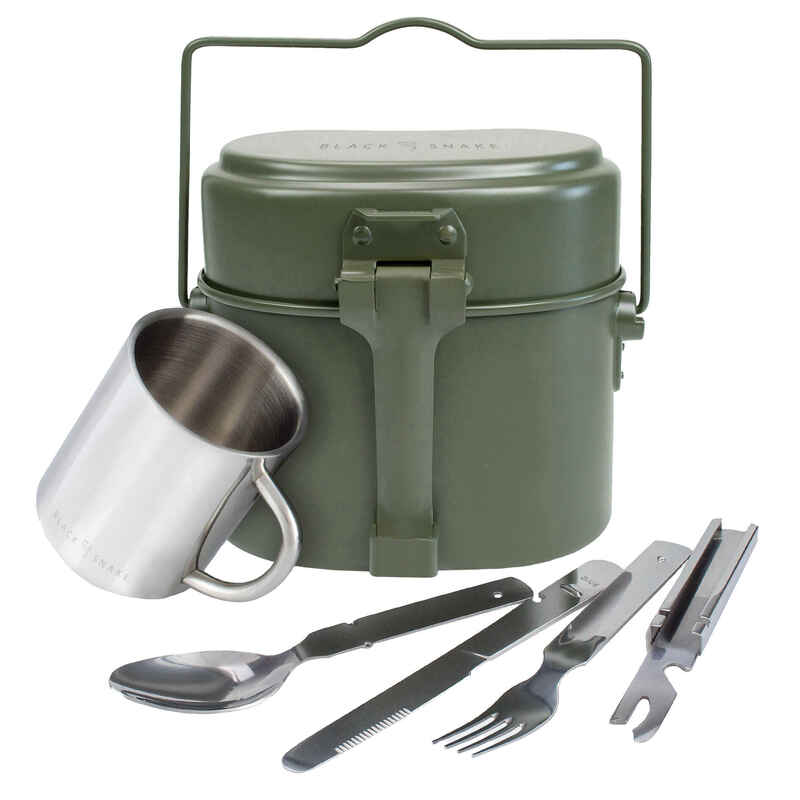 Camping-Kochgeschirr, Essbesteck & Thermotasse Set | Aluminium & Edelstahl