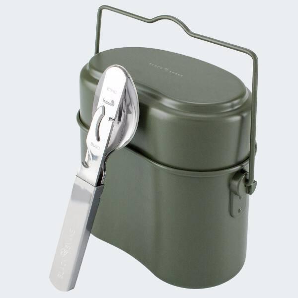 Batería de cocina, cubiertos y taza térmica de camping | Aluminio y acero inox