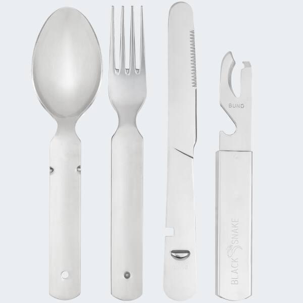 Stainless steel camping cutlery | Knife, spoon, fork, can opener | 4 persons