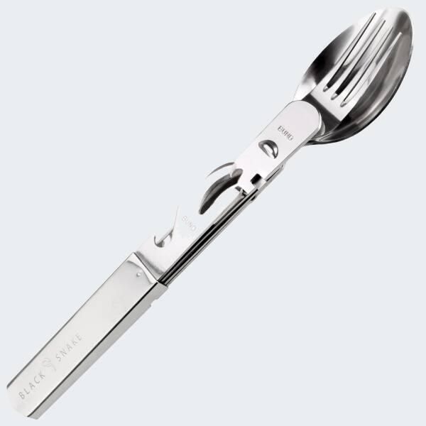 Stainless steel camping cutlery | Knife, spoon, fork, can opener | 2 persons