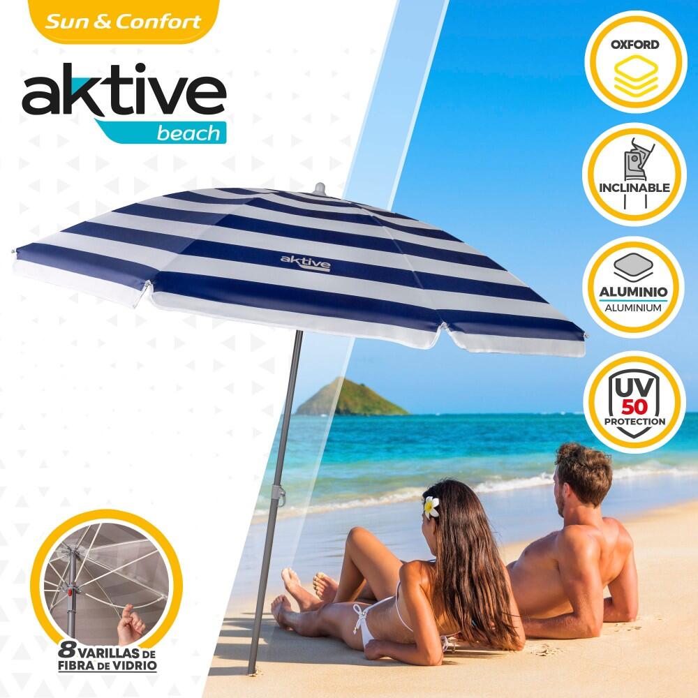 Aktive 62222 Beach Screen, 220 cm, Large Parasol, Ventilation Canopy, Mast 28-32 mm, UV Protection 50, Colourful Design, Including Storage Bag, Active Beach