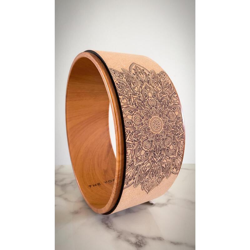 Yoga Wheel Mandala Print on Cork Mat w/ Wood Effect Ring