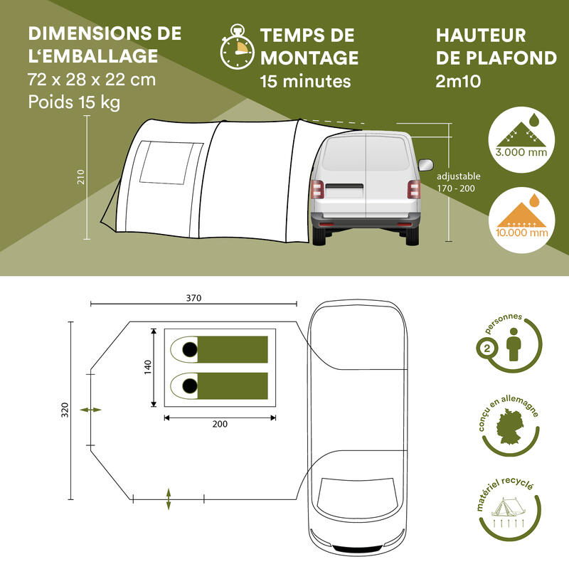 Camper Tramp - Auvent minibus - 2 personnes - 370 x 320 cm - Beige/Bordeaux