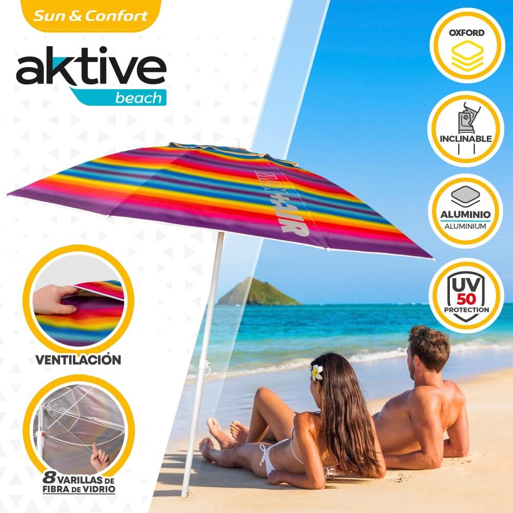 Aktive Parapluie de plage coupe-vent 8 mâts 200 cm rayures multicolores 2/7