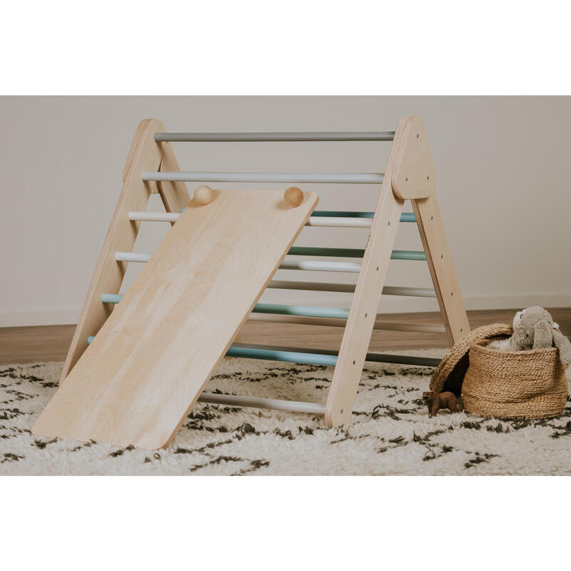 Klettergerüst mit Rampe und Rutsche Indoor, Kletterdreieck aus Holz, Pastell