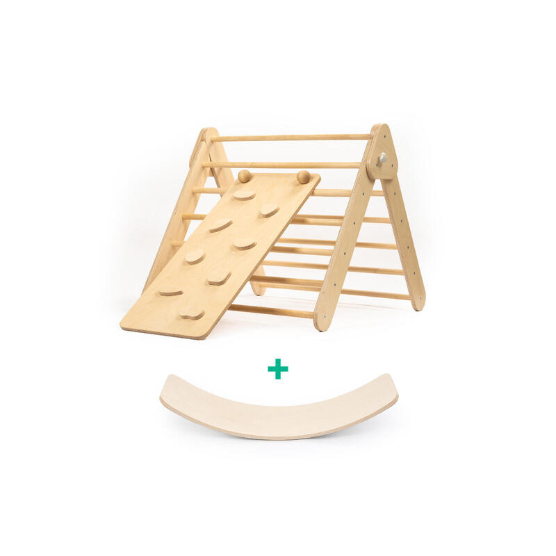 Kletterdreieck aus Holz mit Rampe/Rutsche, Naturholz + Balance Board, Montessori