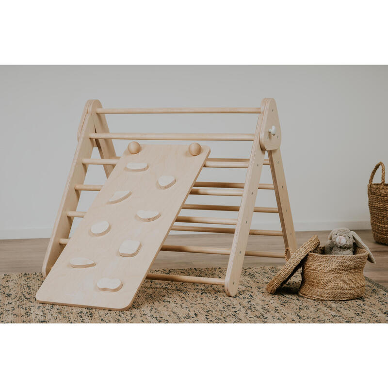 Kletterdreieck aus Holz mit Rampe/Rutsche, Naturholz + Balance Board