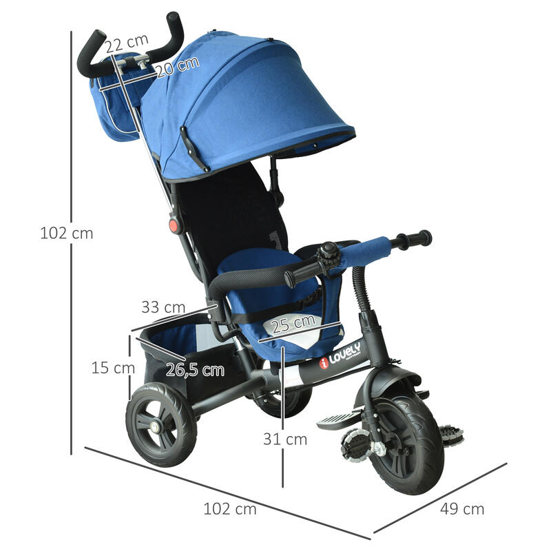 Triciclo para Bebé HOMCOM 102x49x102 cm Azul