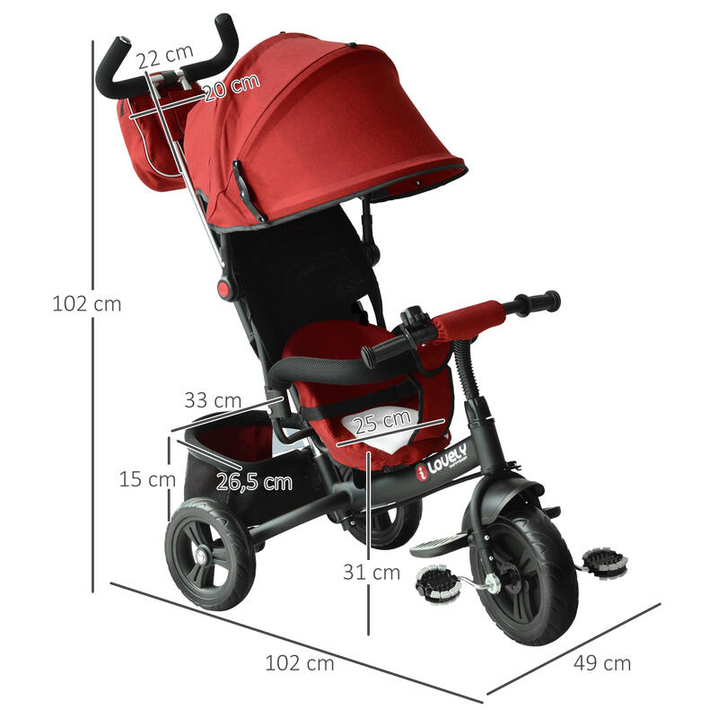 Triciclo para Bebé HOMCOM 102x49x102 cm Rojo