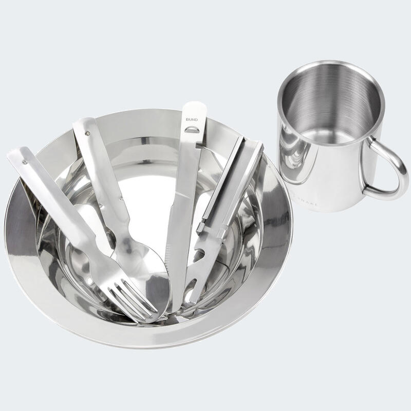 Cubiertos, plato hondo y taza térmica de camping set | Acero inox | 1 persona