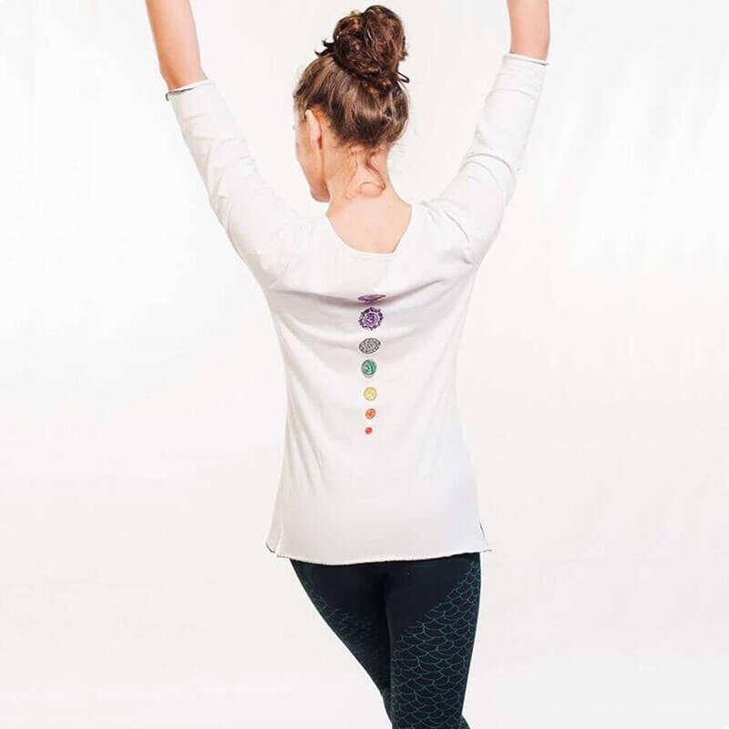 T-shirt de yoga Mulher ampla 100 % biológica GOTS, 7 chakras bordados