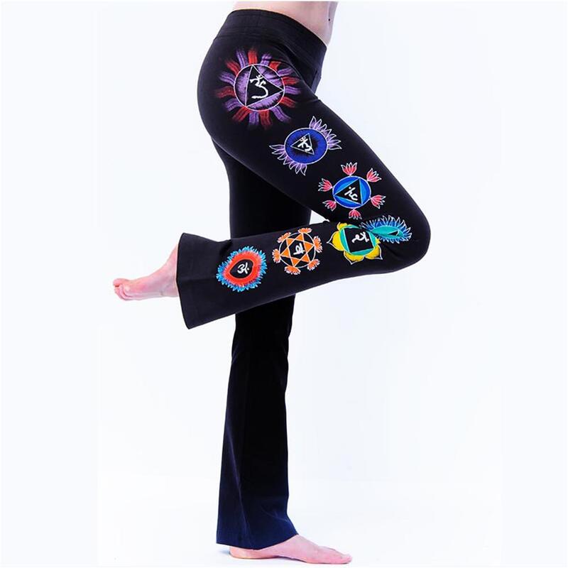 Dames yoga broek - bootcut - 7 chakras handgeschilderd - zwart