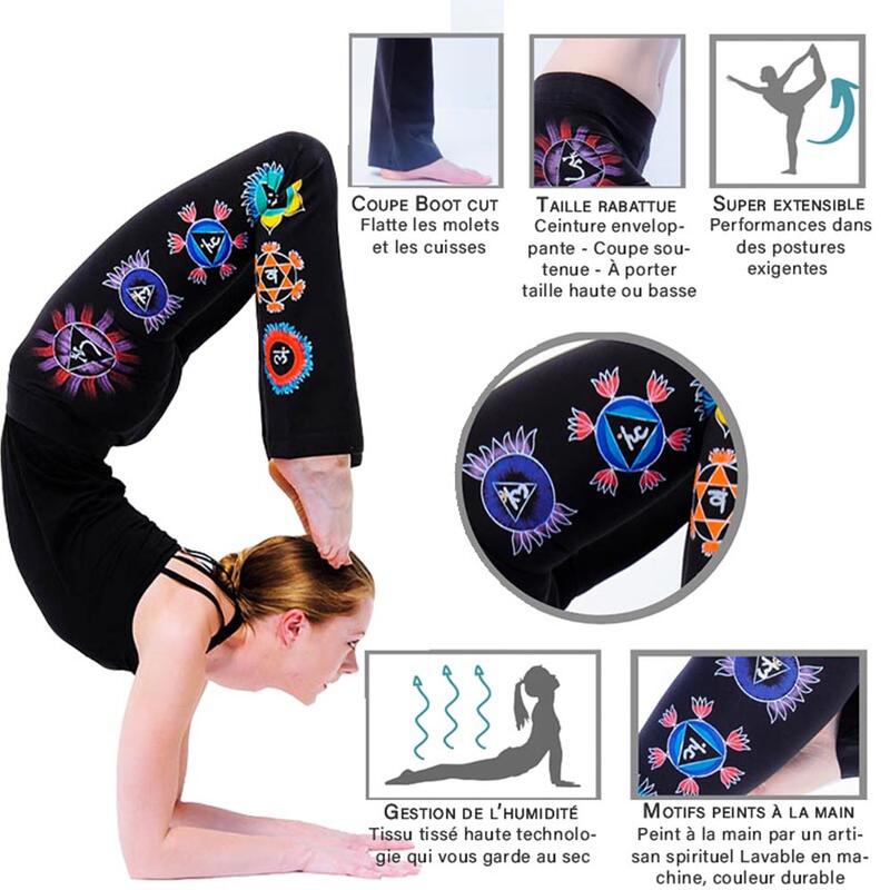 Dames yoga broek - bootcut - 7 chakras handgeschilderd - zwart