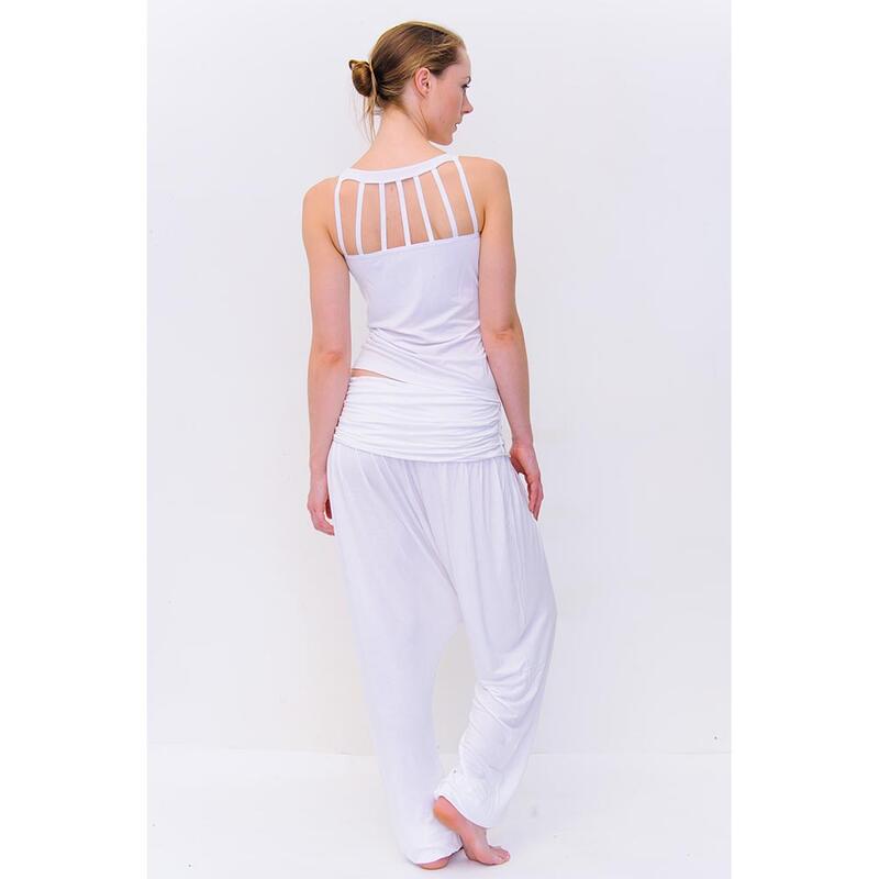 Haut de yoga bambou, sans coutures - T-shirt yoga femme soutien intégré - Blanc