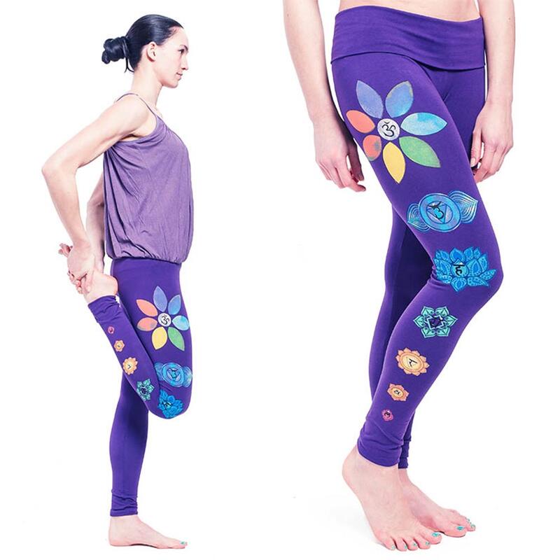 Legging de yoga coton Bio - taille haute - 7 Chakras peints à la main, violet