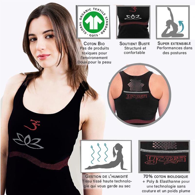 Yoga tanktop 70% bio katoen naadloos, Yoga top geïntegreerde ondersteuning zwart