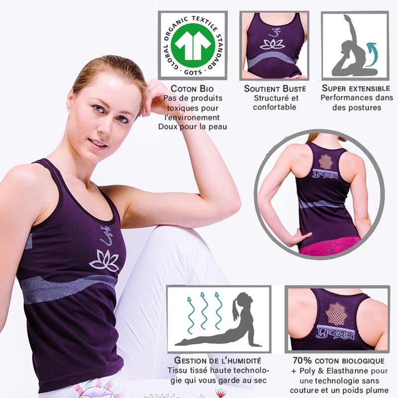 Débardeur yoga sans coutures 70% coton bio - Haut de yoga soutien intégré violet