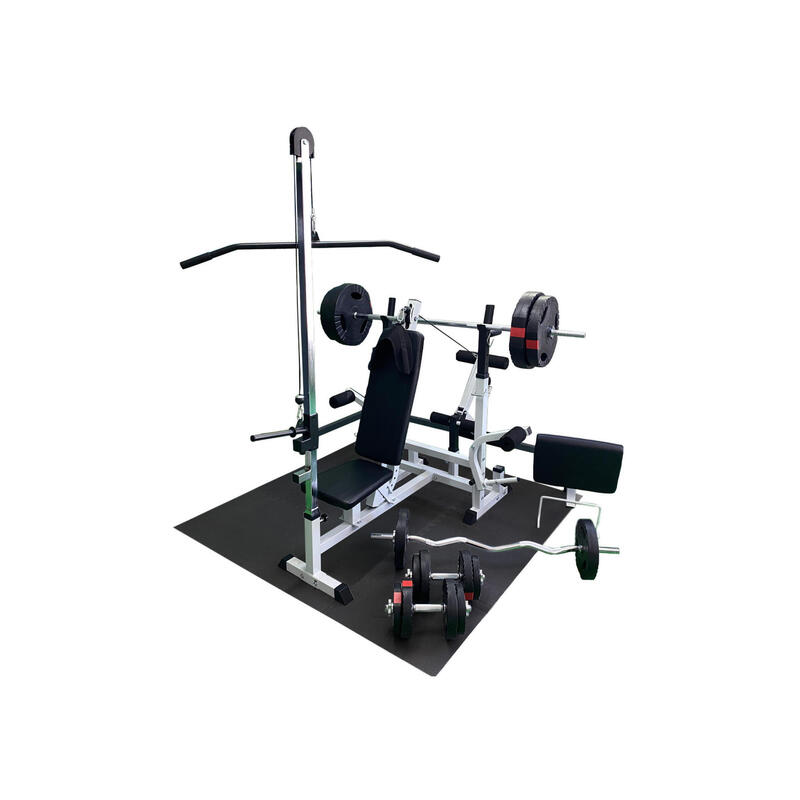 Banc de fitness avec poids 100 kg - poulie lat - tapis puzzle - set complet