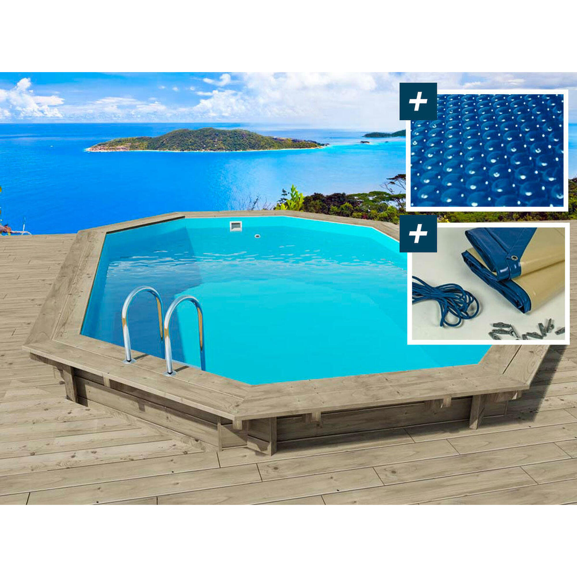 HABITAT ET JARDIN Piscina in legno "Rio" - 5,60 x 3,70 x 1,24 m + copertura a bolle d'aria 180 µ +