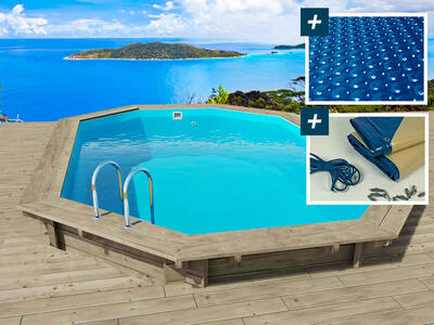Piscina in legno "Rio" - 560 x 370 x 124 m + copertura a bolle d'aria 180 µ +