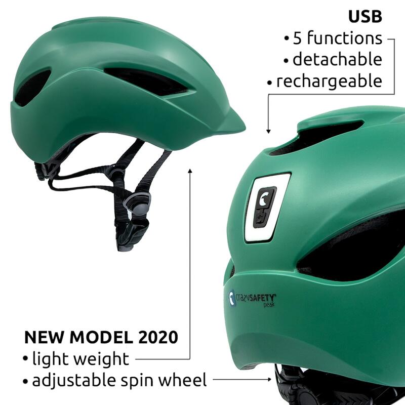 Casco Bici Città | Luce Ricaricabile USB | Verde Opaco (L) | Omologato EN1078