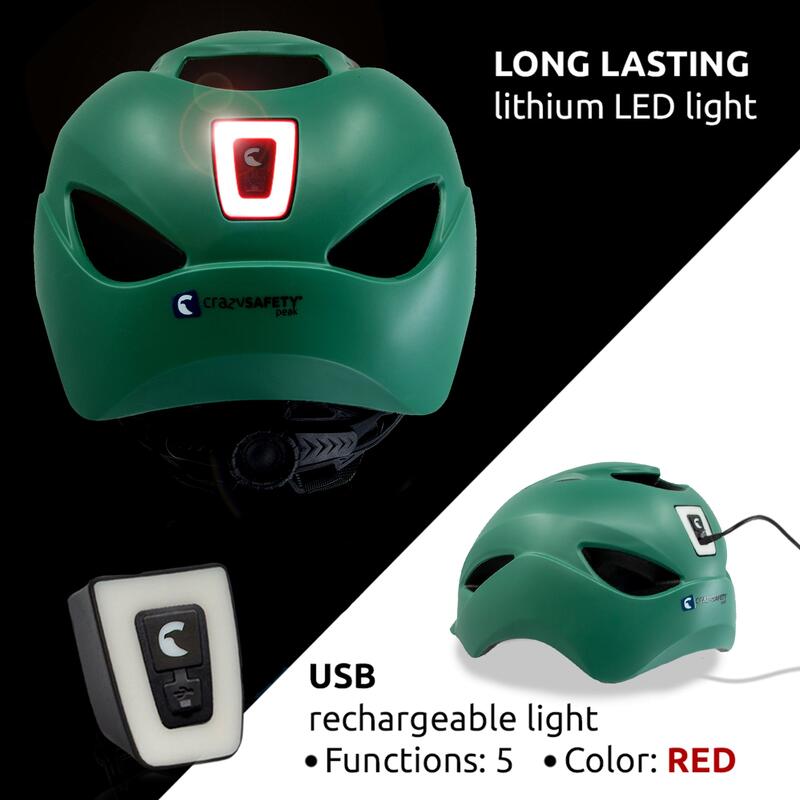 Casco Bici Città | Luce Ricaricabile USB | Verde Opaco (M) | Omologato EN1078