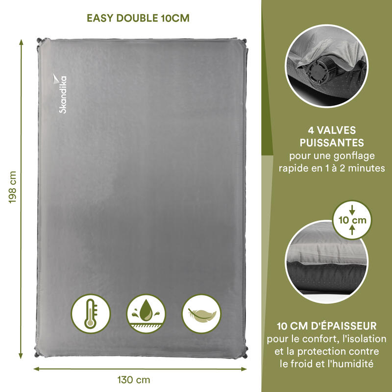 Matelas de camping autogonflant Easy Double - 2 personnes - 10 cm d'épaisseur