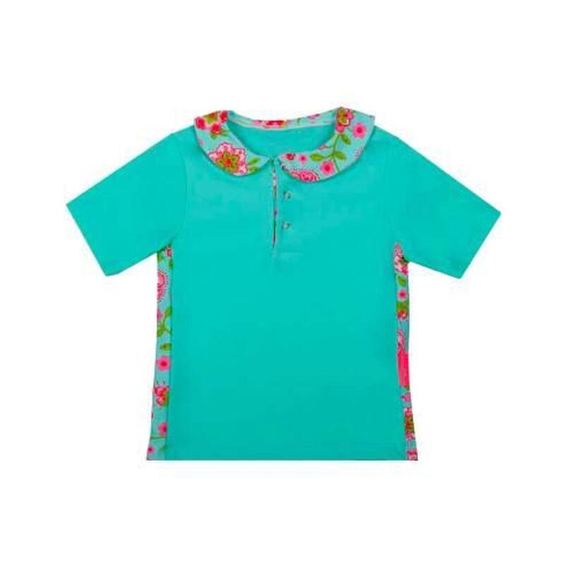 T shirt anti uv bébé fille Moana turquoise col Claudine et fleurs