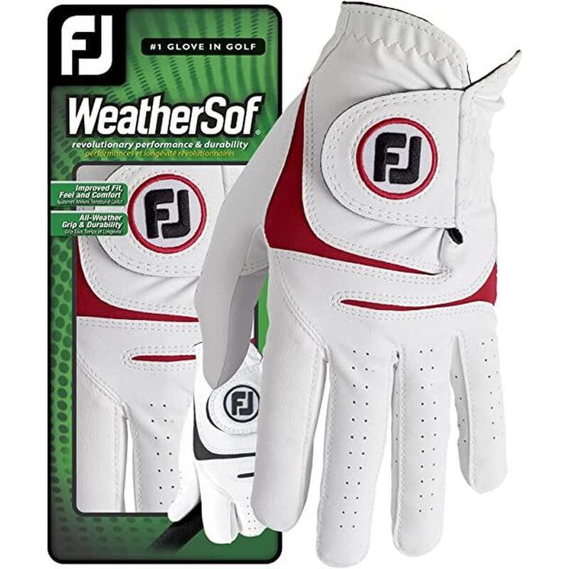 MEN'S WEATHERSOF LEATHER GOLF GLOVES (LEFT HAND)- WHITE/RED