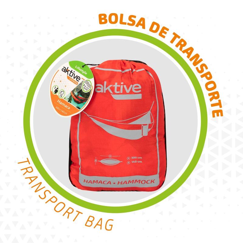 Hamaca camping roja con cuerda, mosquetones y bolsa incluidos Aktive