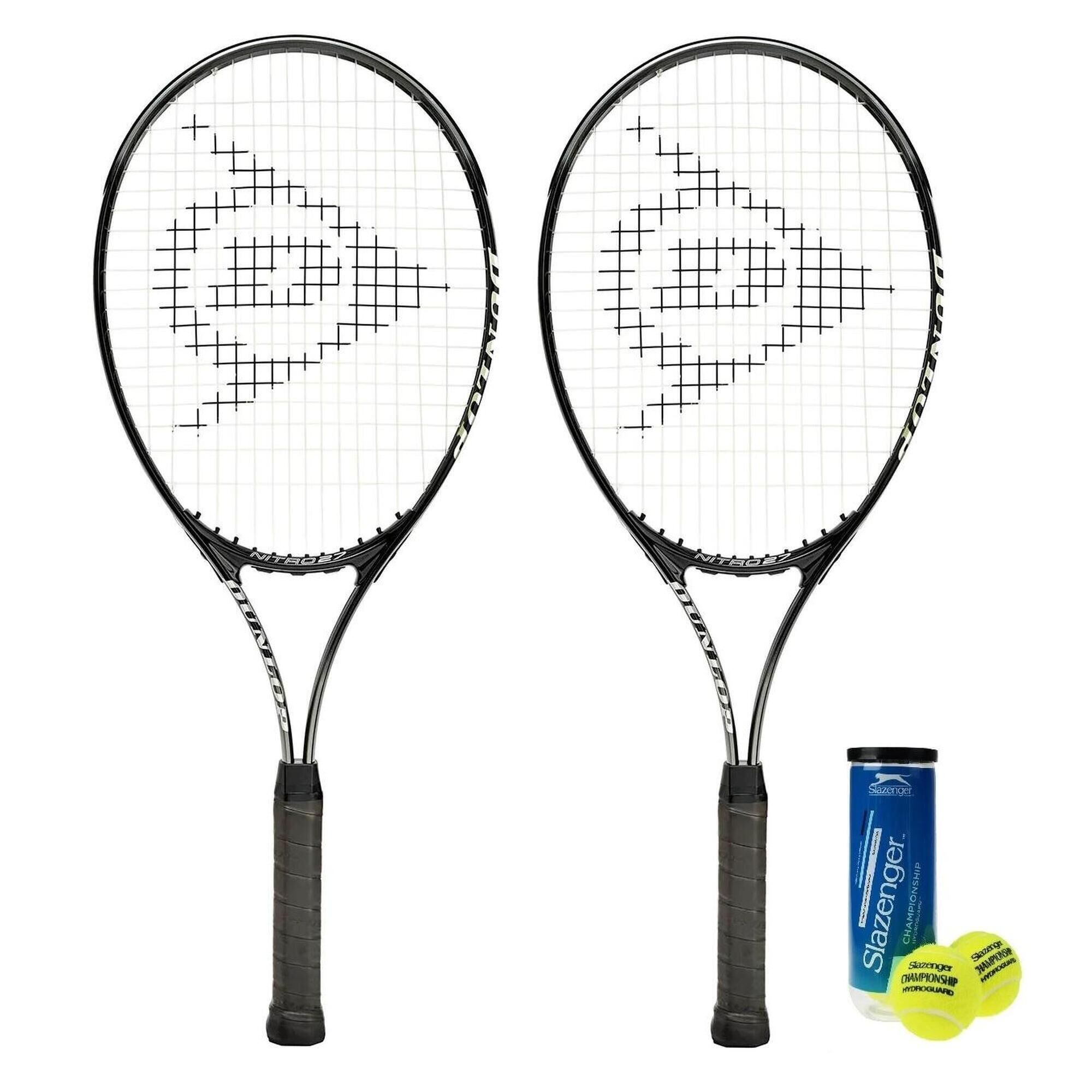 DUNLOP Dunlop Nitro 27 Tennis Racket 2 Player Set + Covers & 3 Tennis Balls