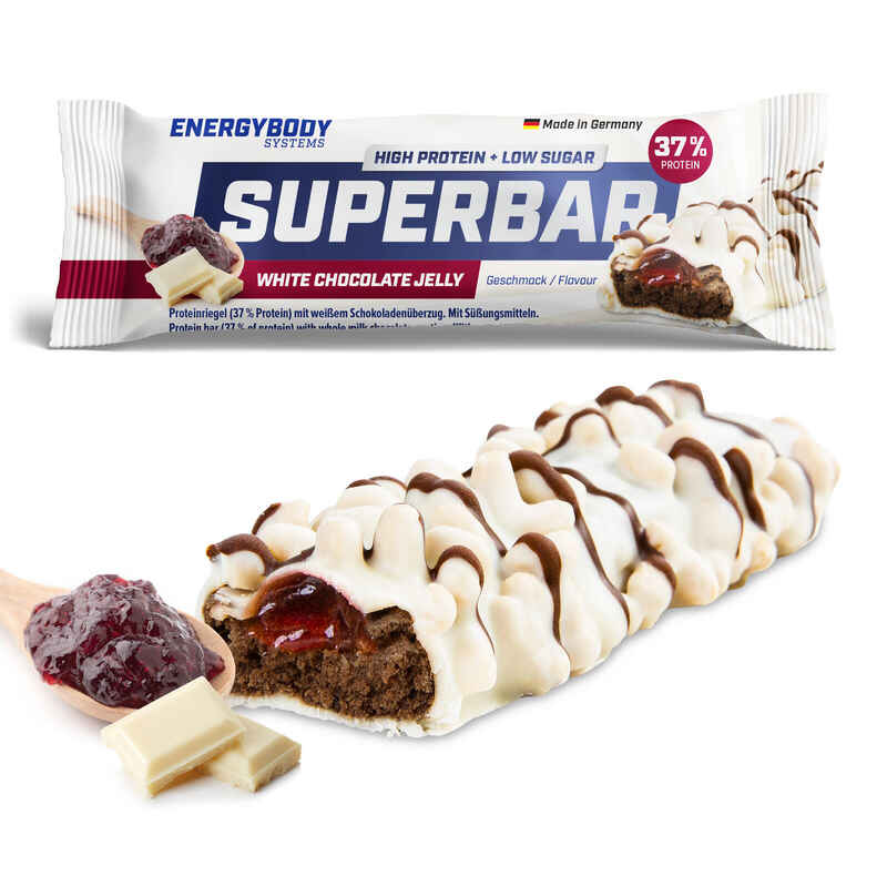 Superbar Eiweißriegel, 37% Protein, low sugar, White Chocolate Jelly, 50 g