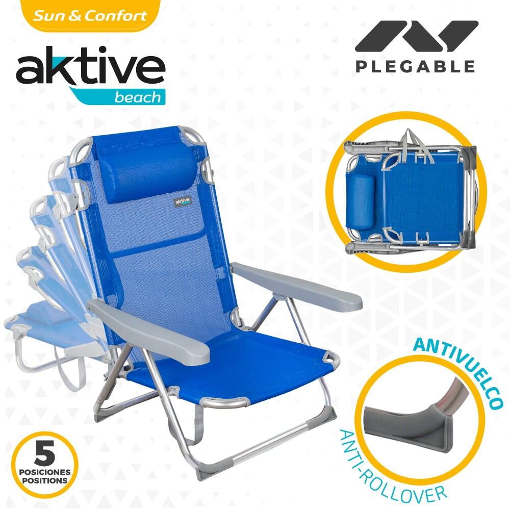 AKTIVE - Lot de 2 Chaises de Plage Pliantes, Multipositions 48x60x90 cm, Bleu 3/5