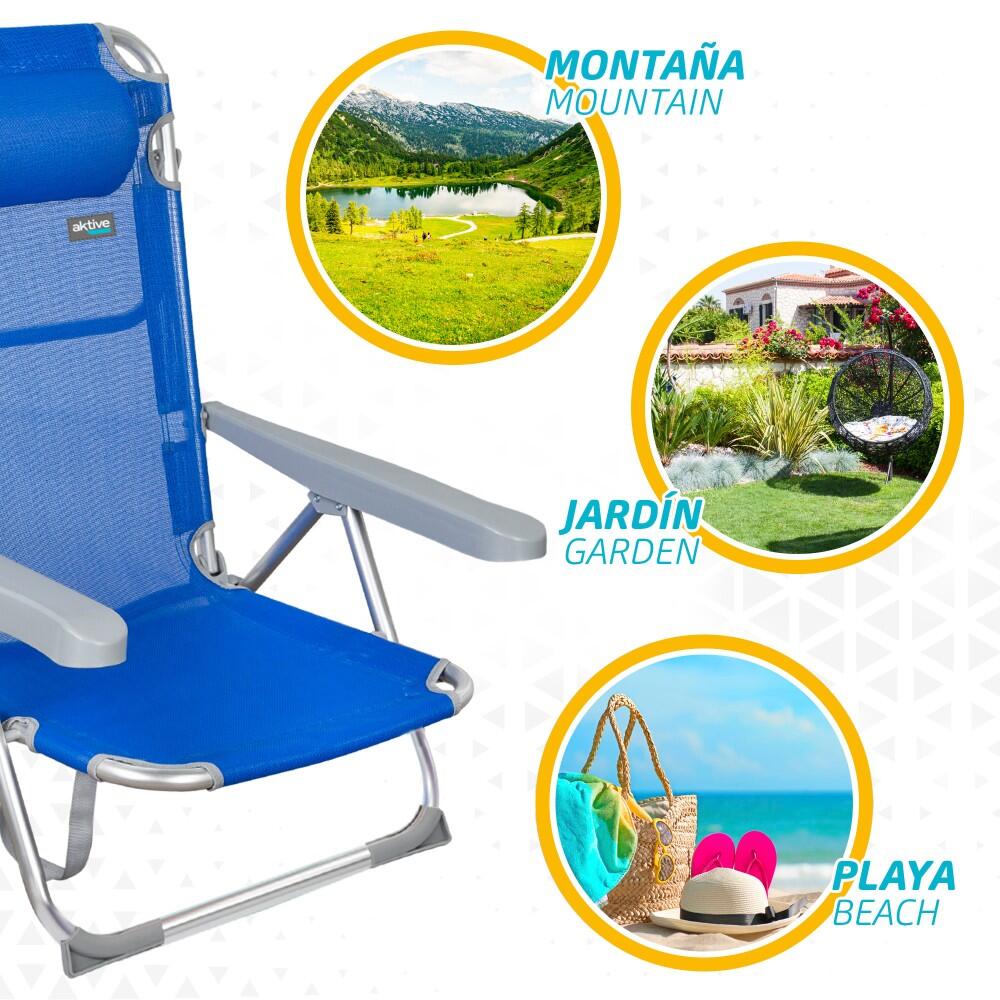 AKTIVE - Lot de 2 Chaises de Plage Pliantes, Multipositions 48x60x90 cm, Bleu 5/5