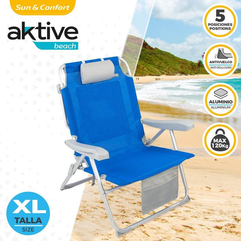 Cadeira de praia mochila ultrarresistente XL 120 kg c/almofada e bolso Aktive