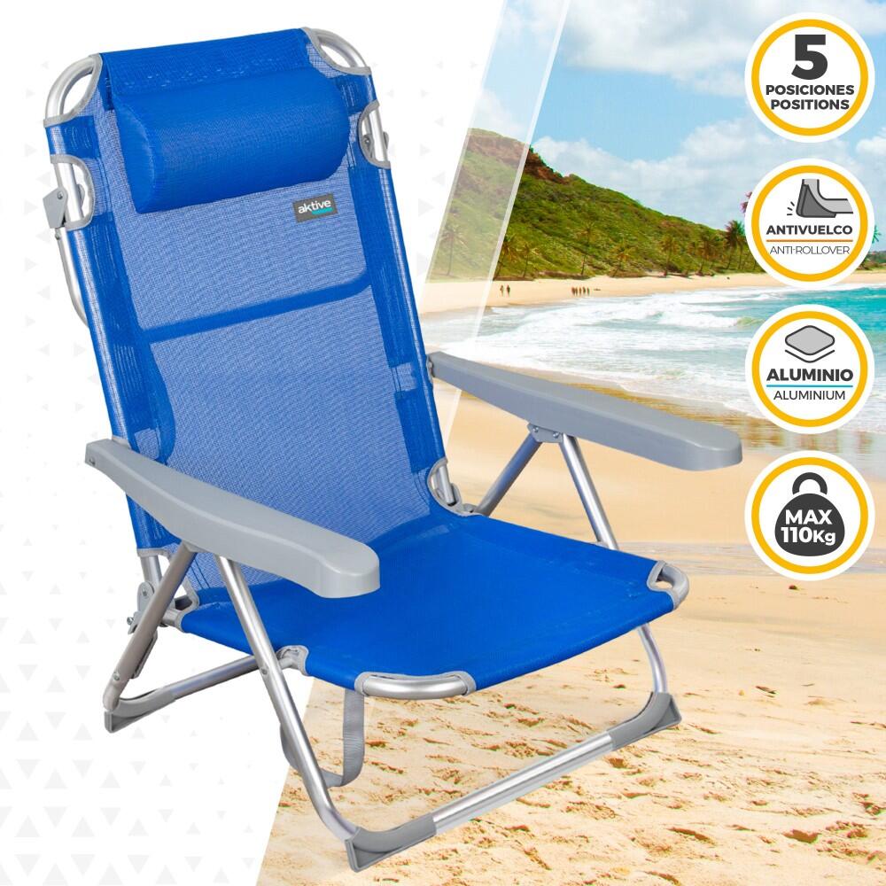 AKTIVE - Lot de 2 Chaises de Plage Pliantes, Multipositions 48x60x90 cm, Bleu 2/5