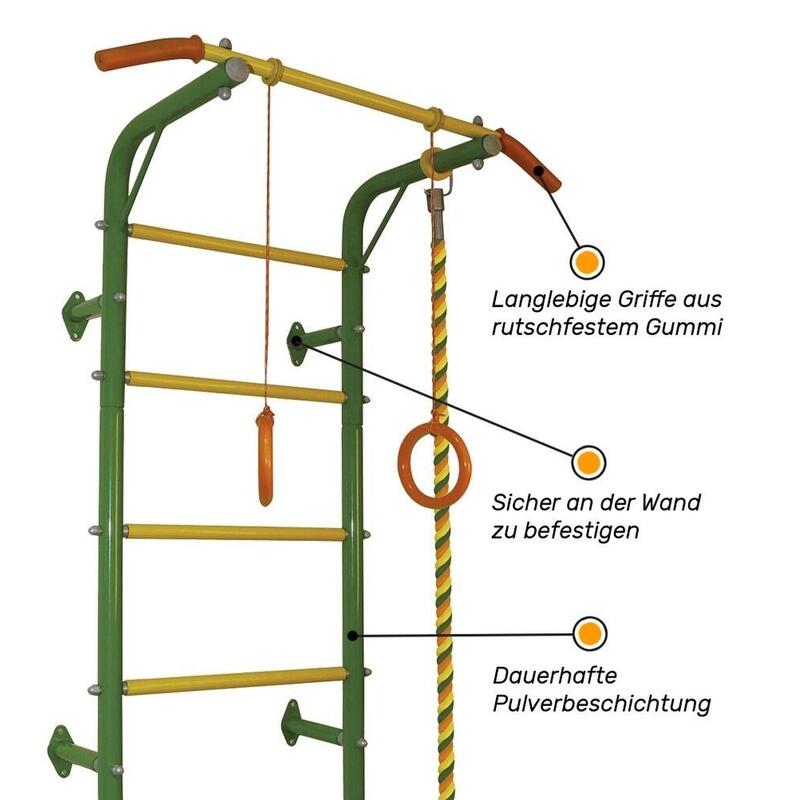 Sprossenwand mit Klimmzugstange, Seil und Gymnastikringen bis 100 kg, AKROBAT-1