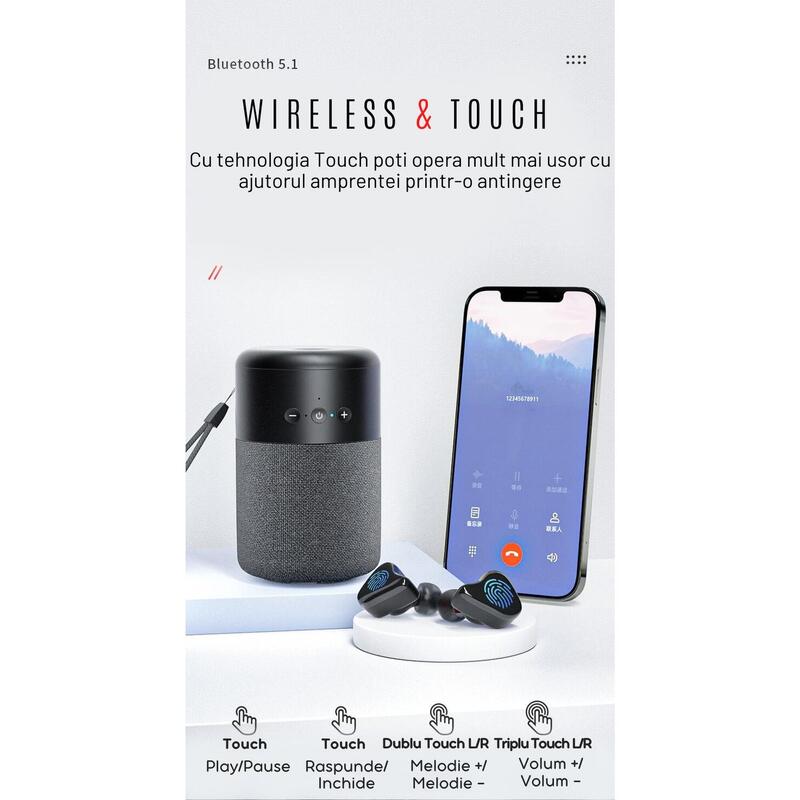 Casti Bluetooth 5.1 si Boxa portabila, Wireless, Handsfree, Touch